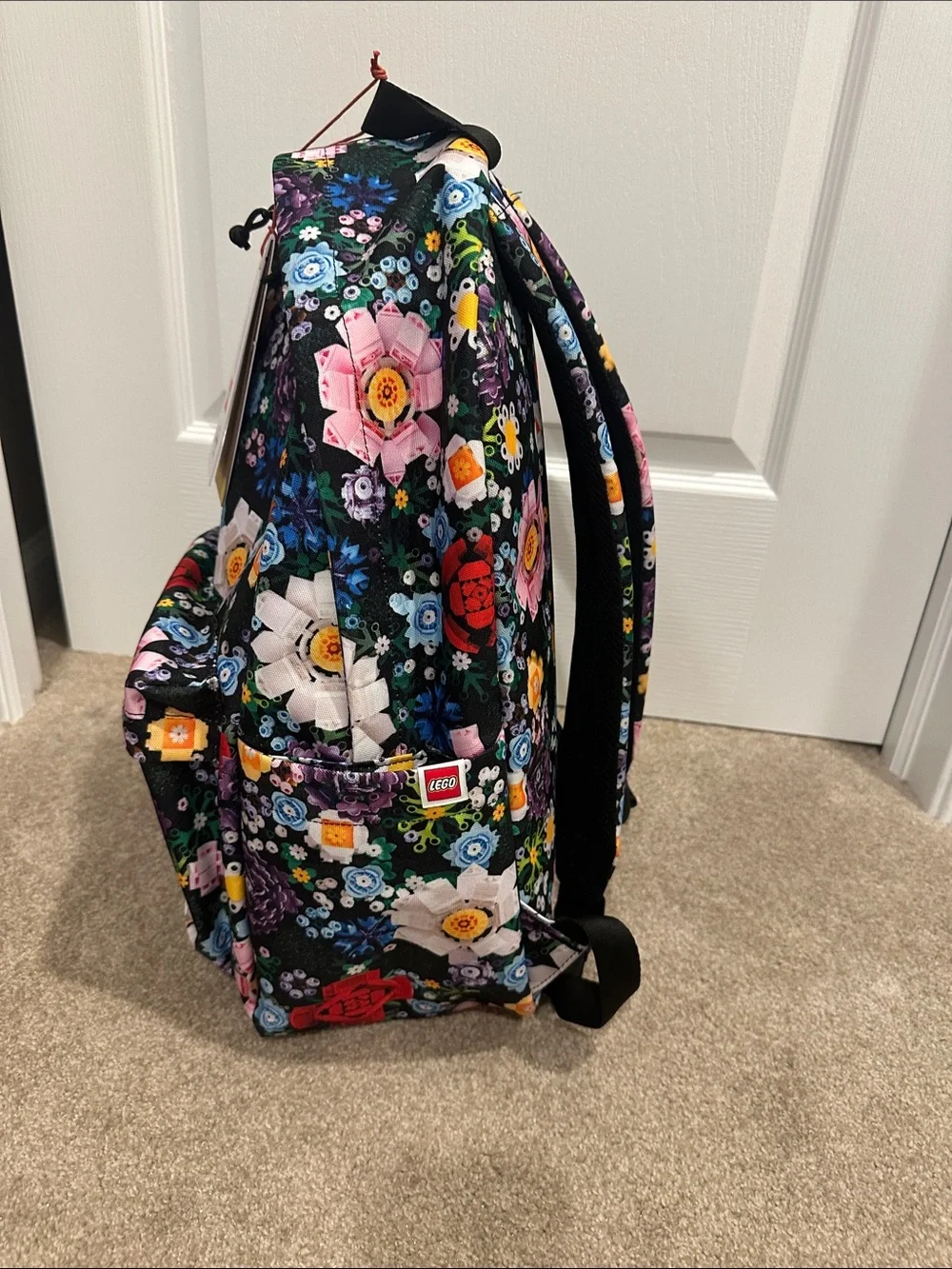 Lego Kids Black Floral Print Backpack with Multicolor Flowers